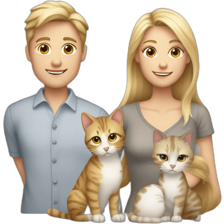 family with blond mother with straight blond hair, son with blond hair, brindle cat and white cat with gray spots emoji