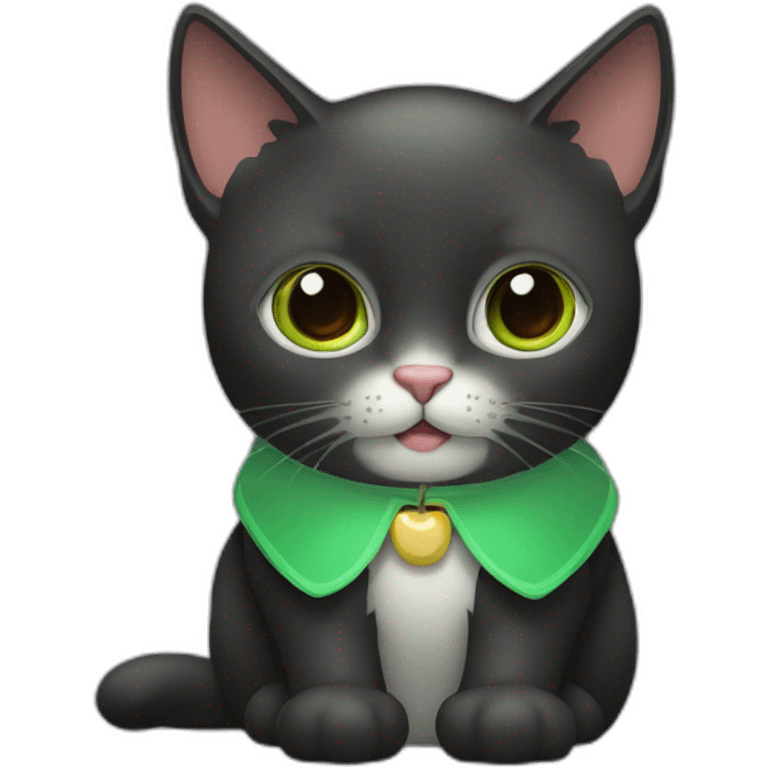 Quiero un gato negro con cabeza grande ojos color miel y collar verde manzana con grandes pestañas  emoji