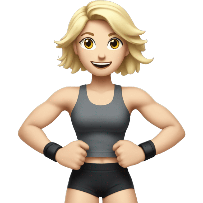 Close up Actively gesturing  with hands Pale skinned Fit woman With the biceps and blonde hair in dark gray Sleeveless Mike, black sports shorts, watch and white Sneakers emoji