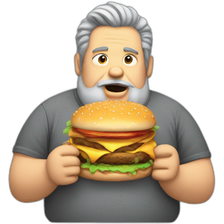 Fat man with grey shirt hair and a big beard eating a burger emoji