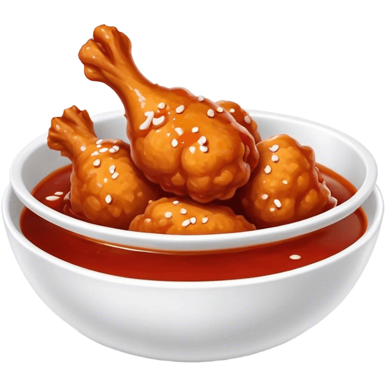 Korean Fried Chicken Cinematic Realistic Korean Fried Chicken Dish Emoji, depicted as bite-sized chicken chunks generously coated in a glossy, spicy sauce, in a bowl. emoji