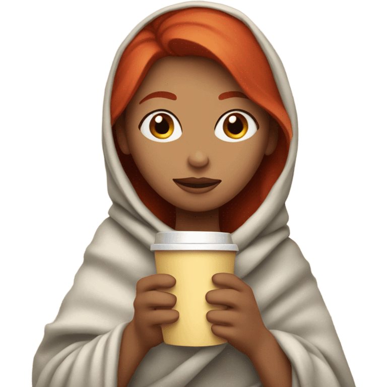 A red-haired girl wrapped in a blanket is drinking coffee with her eyes closed. emoji