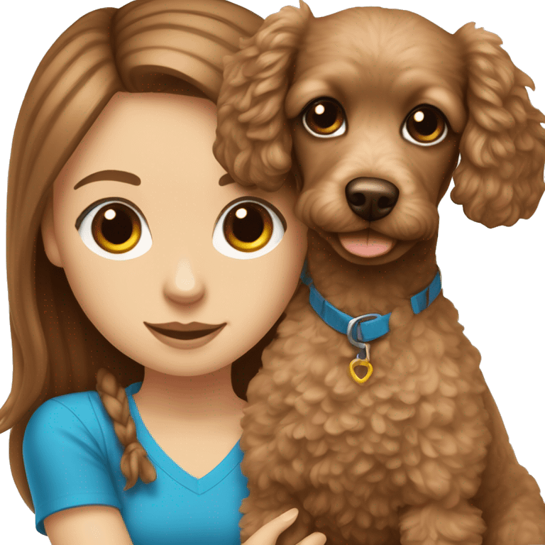 white girl with long straight brown hair and blue eyes holding a toy poodle puppy  emoji