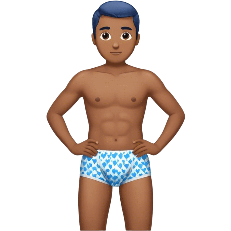 Blue heart patterned men’s briefs hands on hips brown skin emoji