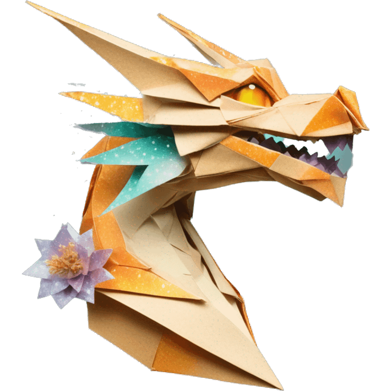 Sparkling patterned Beige Origami dragon with a dried flower crown made of newspapers intricate patterns surrounded by fairy lights nebula galaxy stars swirls iridescent orange cyan yellow emoji