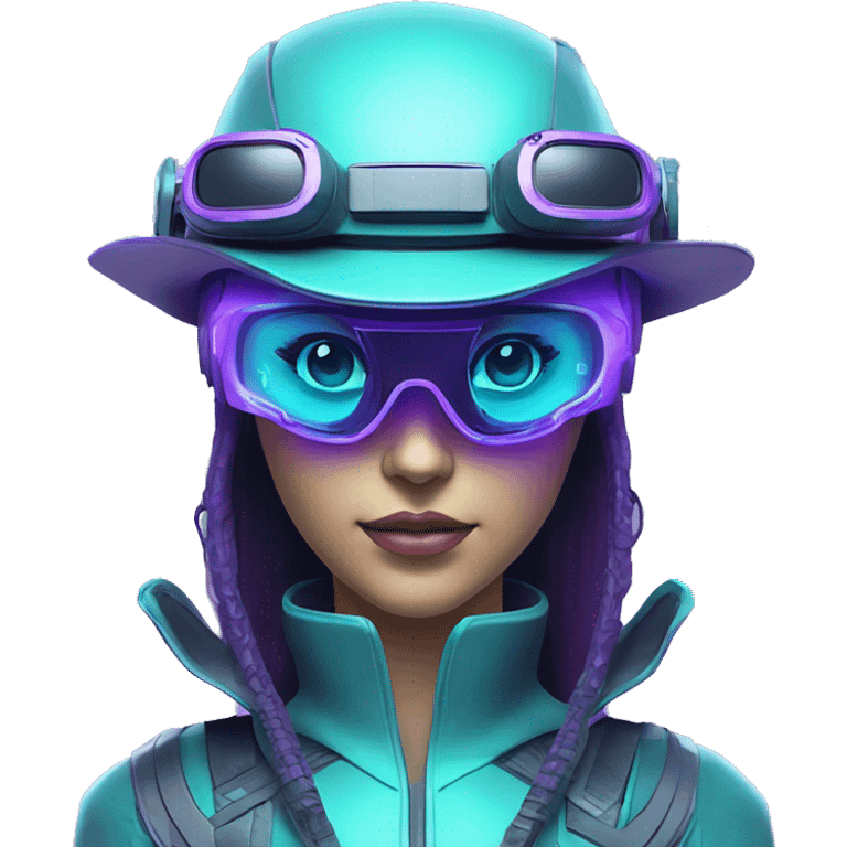 Secret humanoid agent in a futuristic hat with in Apple VR goggles headset code display on the goggles , cyberpunk, cyan and purple colors, only upper body portrait, front facing the camera  emoji