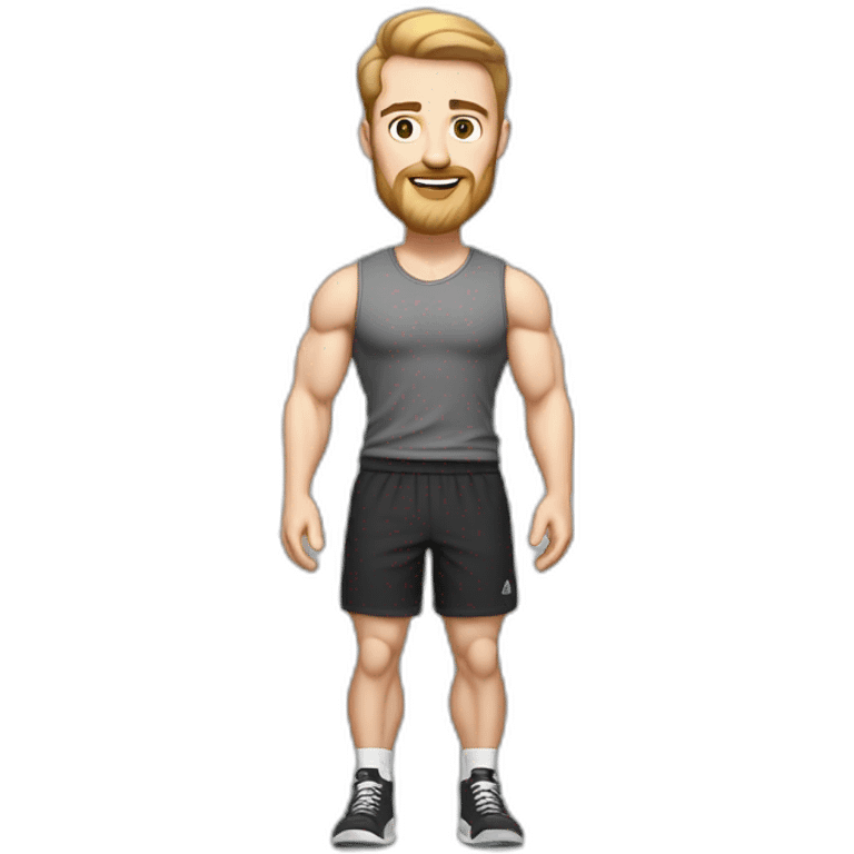 Full height Pale skinned fit man With biceps, Realistic eyes and mouth, light brown hair and stubble In dark gray sleeveless mike, black oversize sports shorts, watch and white sneakers. emoji