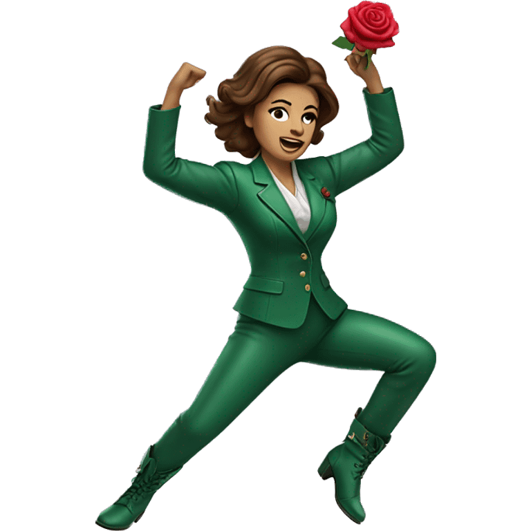 Woman with brown hair in green suit with green leather boots with rose on stomach dancing emoji