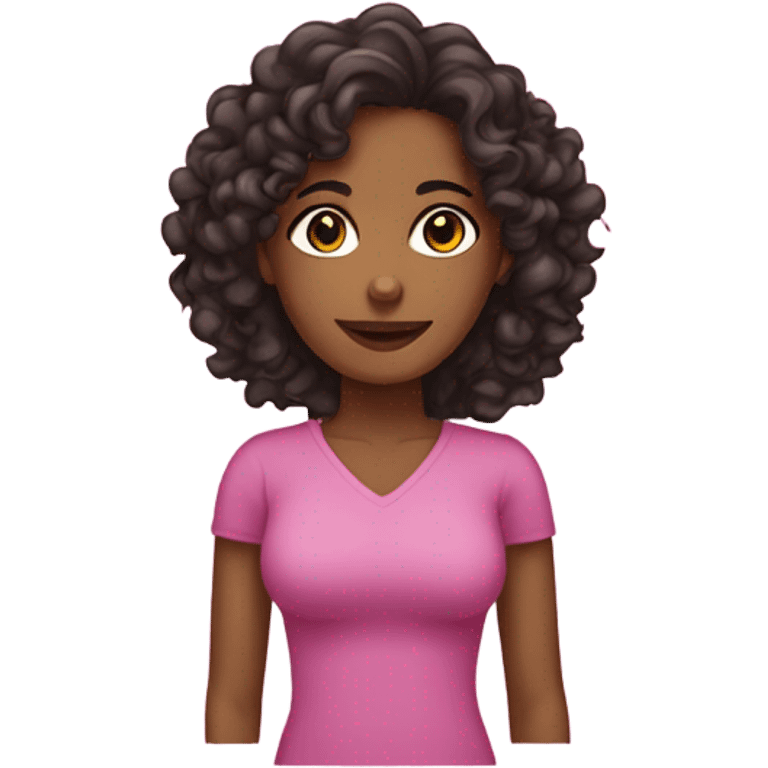 brownskin woman with dark long curly hair and wearing pink emoji