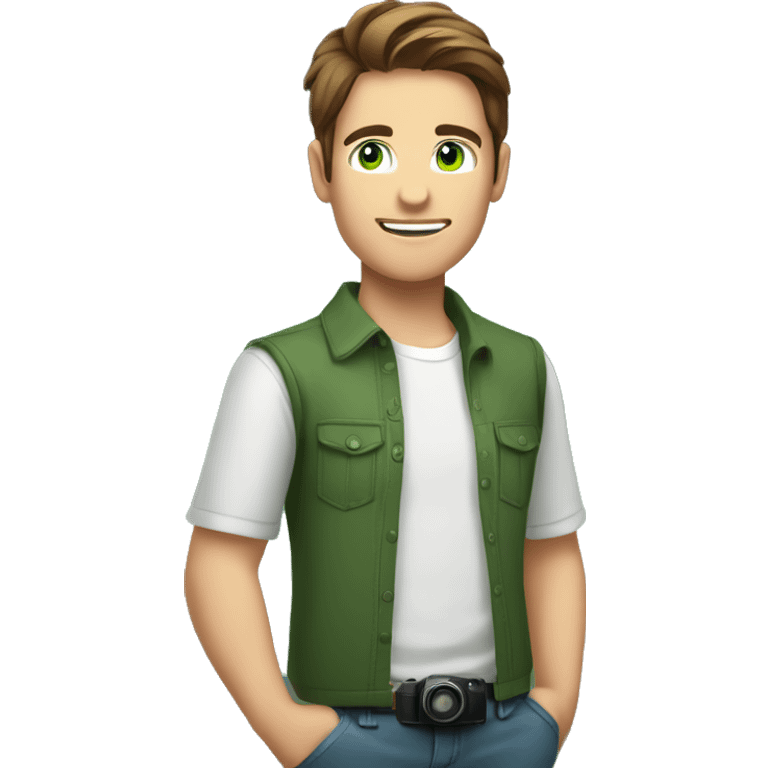 A young man with shoulder-length brown hair and green eyes holds a camera with a flash in his hands. Young man wearing a shirt emoji