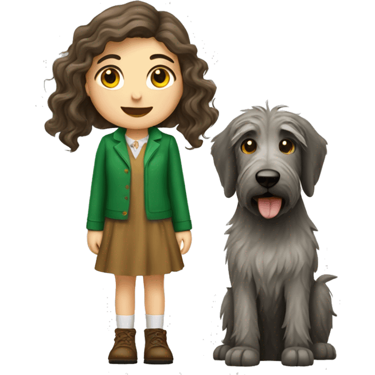 Brown wavy hair girl and an Irish wolfhound dog emoji