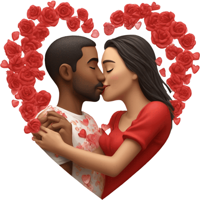 Hyper Realistic Couple kissing surrounded by red hearts and flowers  emoji