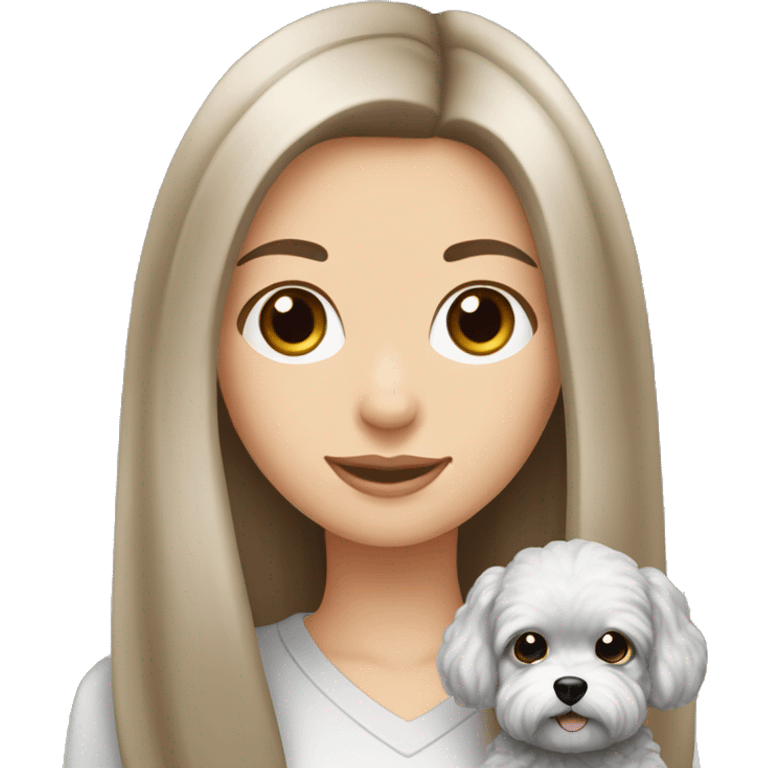 Caucasian Brunette girl long straight hair and hazel eyes holding a silver maltipoo emoji