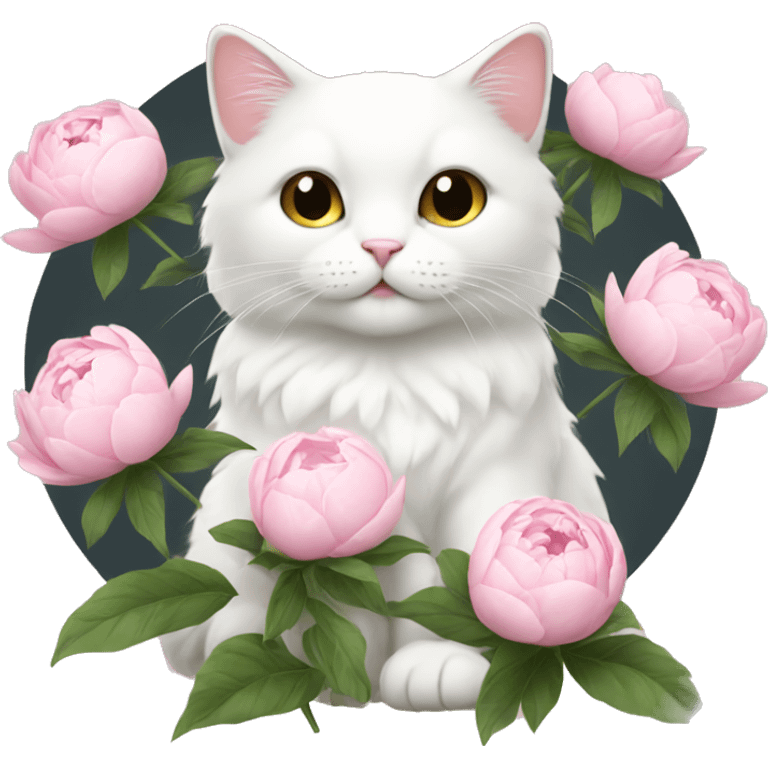 cute white cat holding light pink peonies emoji