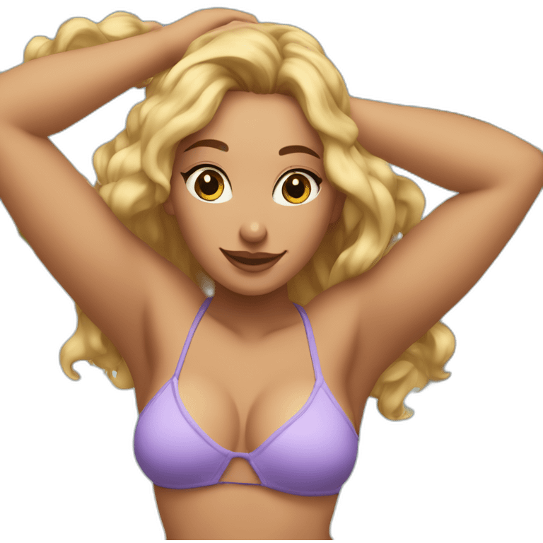 Slim-thicc Caucasian woman bikini hands in hair pose (beach body) emoji