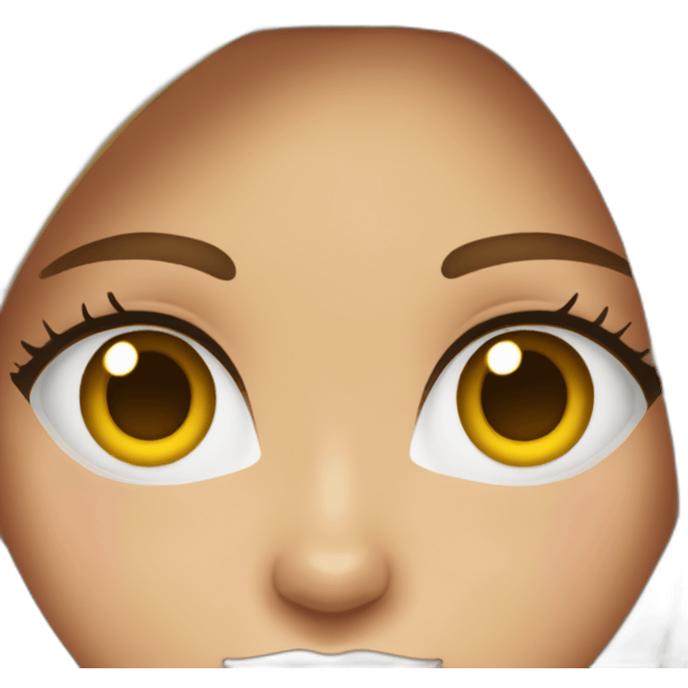 young woman with long brown hair, blue almond-shaped eyes, thin eyebrows and earring emoji