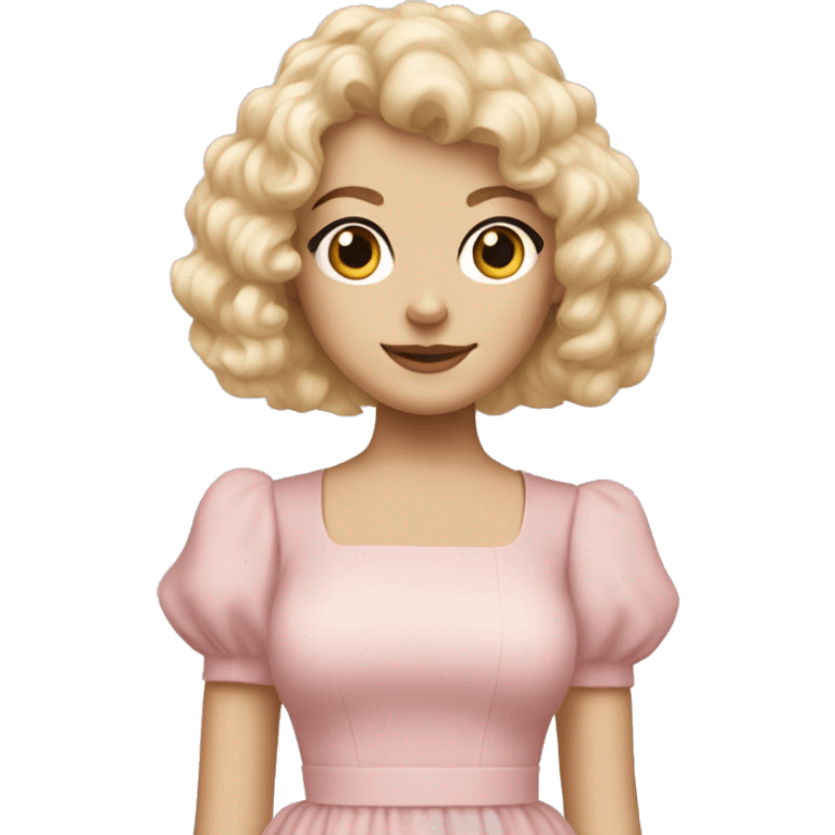 pale girl with bangs and long blonde curly hair and a pastel pink puff sleeve dress emoji