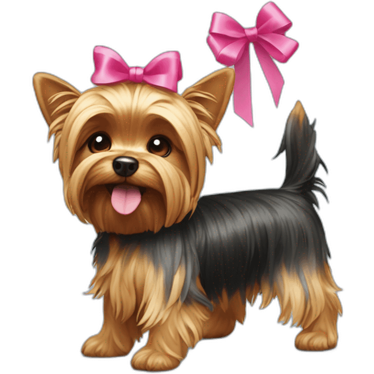 yorkshire terrier standing on his back paws with a ribbon on his head emoji