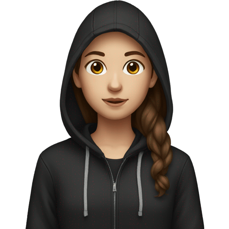 young girl, brown hair, black hoodie emoji