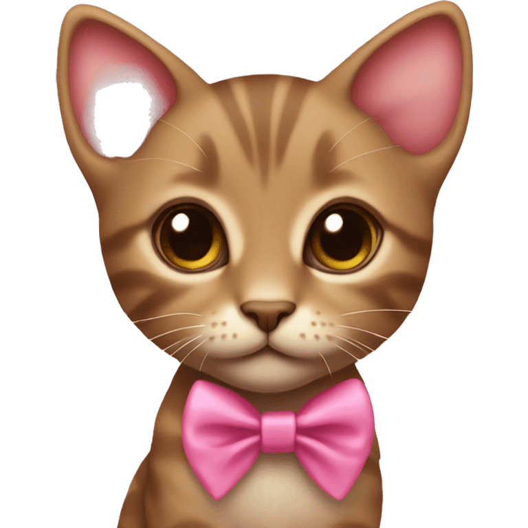 Little brown kitten with a pink ribbon around its neck, with big brown eyes and pink toungue emoji