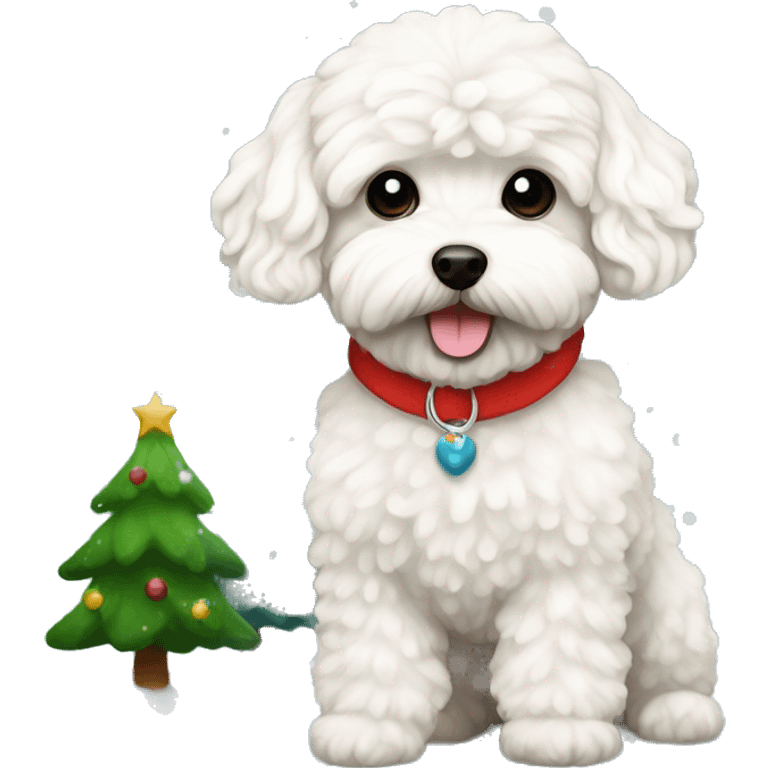 Dog Maltipoo with snow and Christmas tree  emoji