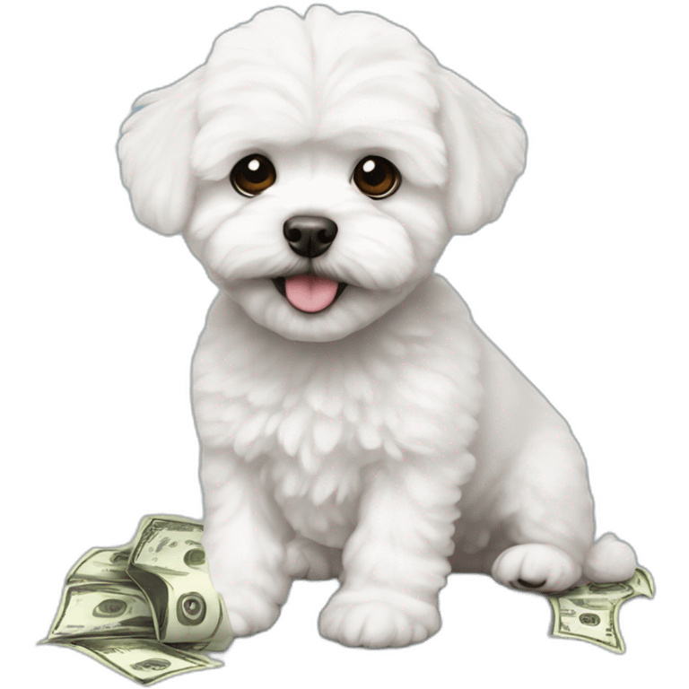 A white maltipoo with dollar eyes emoji