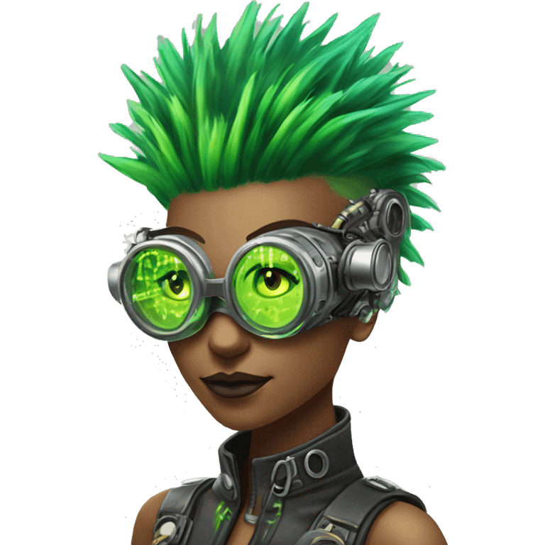 Neon green Mohawk hair female cyborg head with silver steampunk goggles and circuits emoji