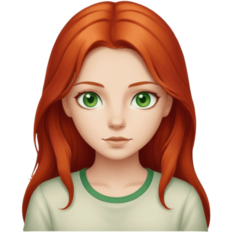 Girl with middle part long red hair and green eyes cream shirt emoji