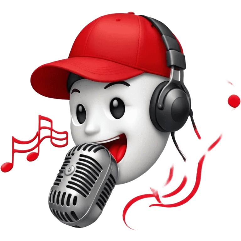 Create a dynamic and energetic emoji that represents beatboxing. The design should feature a stylized microphone with lips and baseball cap on it, sound waves emanating from it , symbolizing vocal percussion and rhythm. Add elements like headphones or a subtle speaker to emphasize the music production aspect. Use bold colors like black, white, and red to convey the intensity and creativity of beatboxing. The background should be transparent. emoji