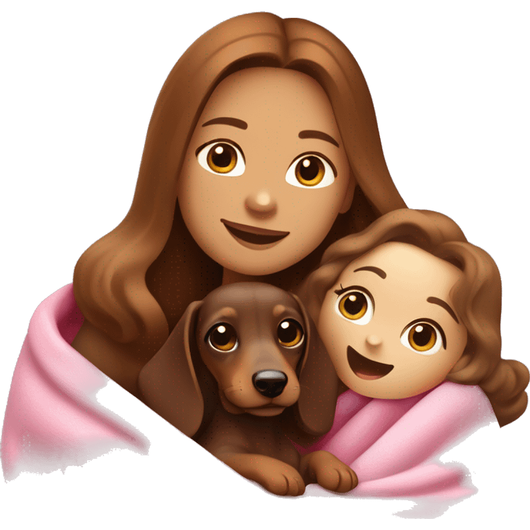 a white skinned woman with long brown hair is cradling her puppy in a pink baby blanket. the puppy is a brown dachshund dog. the woman is smiling with mouth ajar. you can see the woman cradling the puppy like a baby from her waist up.  emoji