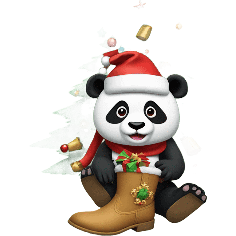 Panda wearing cowboy boots with a Santa hat on, sitting in a Christmas tree, holding a Christmas	 cracker, and make all of this look under the sea emoji