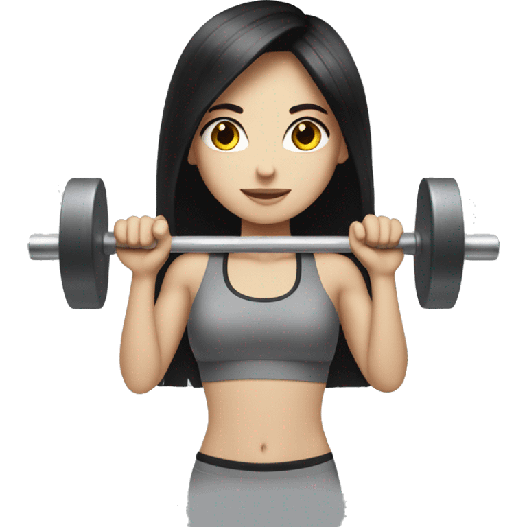 Pale girl with long black hair lifting weights emoji