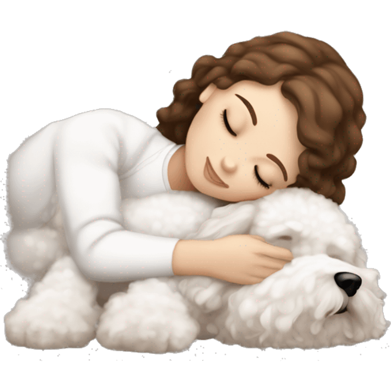 White girl brown hair sleeping with Mini Bichon emoji