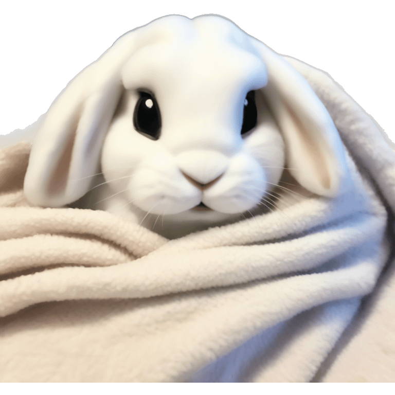 Mini lop white bunny covered in cozy blanket emoji