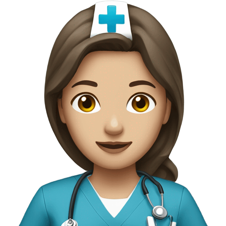 Nurse, woman, long brunette hair, blue scrubs emoji