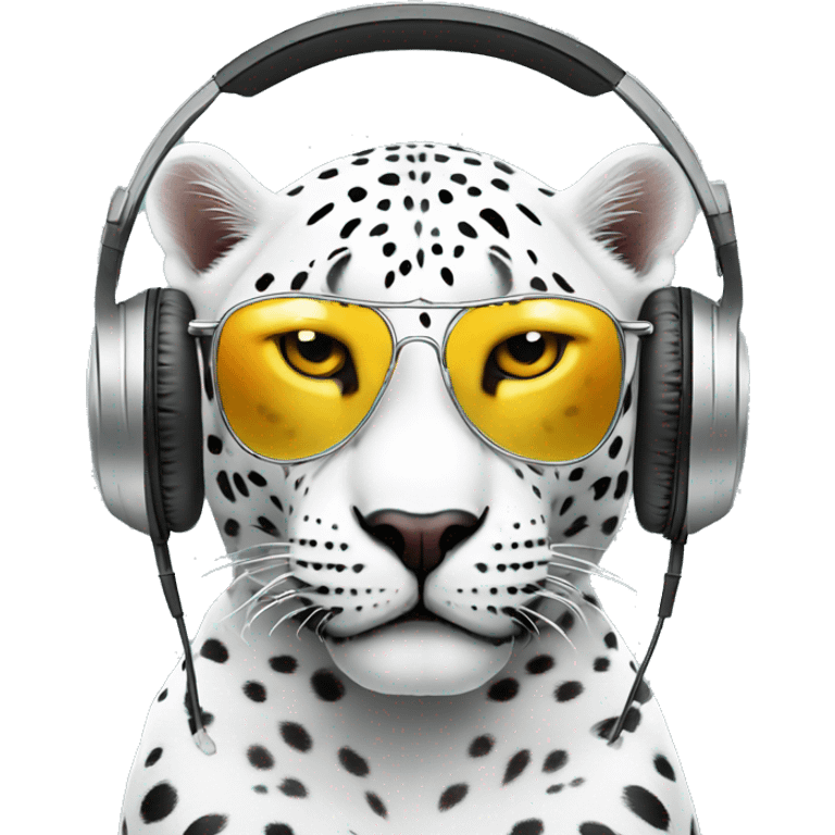 white jaguar dj, emoji face, looking forward, wearing cool sunglasses, wearing over-ear headphones on top of head emoji