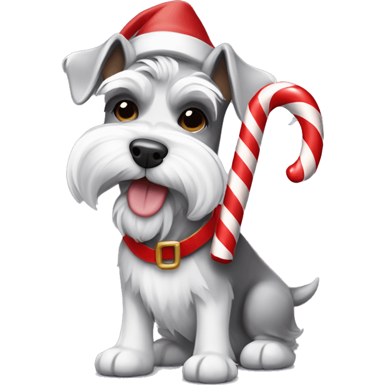 White and grey schnauzer wearing an elf costume holding a candy cane in its mouth emoji