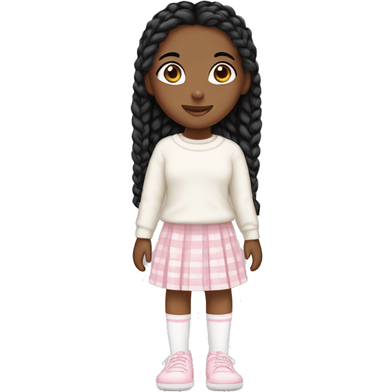 a girl with black braids, brown eyes, white sweater, light pink plaided skirt, white long socks, and cute light pink shoes. emoji