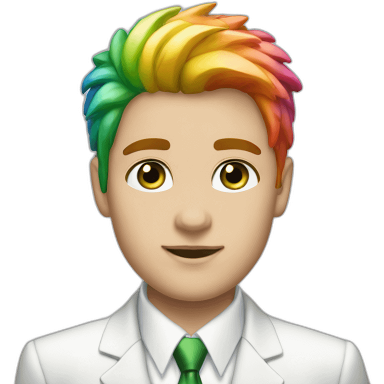 Posh-boy-with-white-suit-and-green-eyes-and-rainbow-unicorn-hair emoji