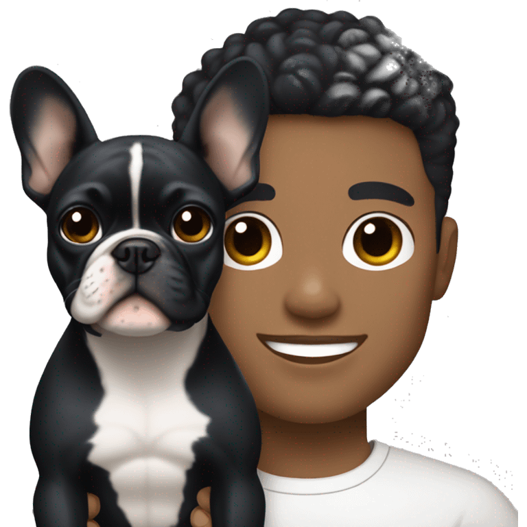 athletic light skin male with short black hair holding a french bulldog emoji