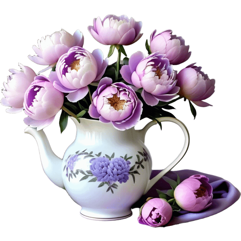 A porcelain pitcher with delicate lavender patterns holds a bouquet of pastel purple peonies, some fully opened, others still unfurling. Their petals, ranging from soft lilac to muted heather, contrast with the smooth surface of the pitcher. A few fallen petals rest beside it on a wooden table, while the edges of a lace cloth peek from underneath. Light filters through, emphasizing the variations in color and texture." emoji