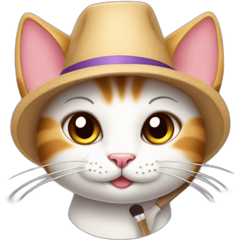 Kawaii cat artist in hat with palette and brush so it can be used as a mouse cursor emoji