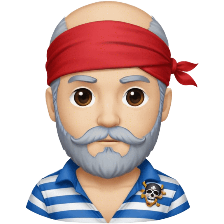 A cute pirate first mate, red bandana, eye patch, blue striped shirt, grey beard, logo, head only emoji