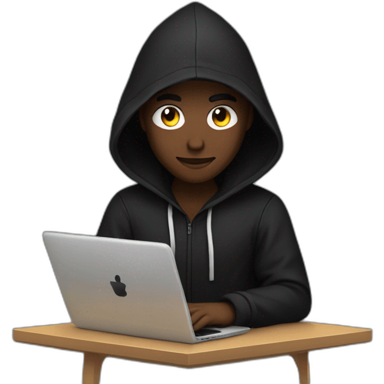 Young developer with a black hood behind his laptop emoji