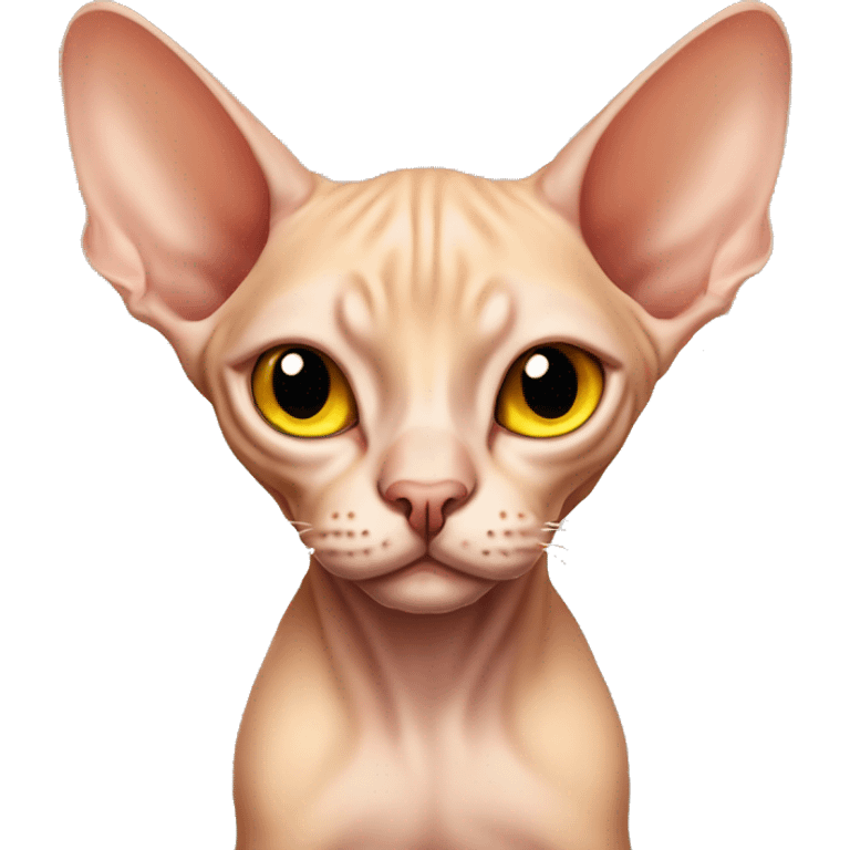 peach-colored Sphynx cat with yellow eyes and a big belly emoji