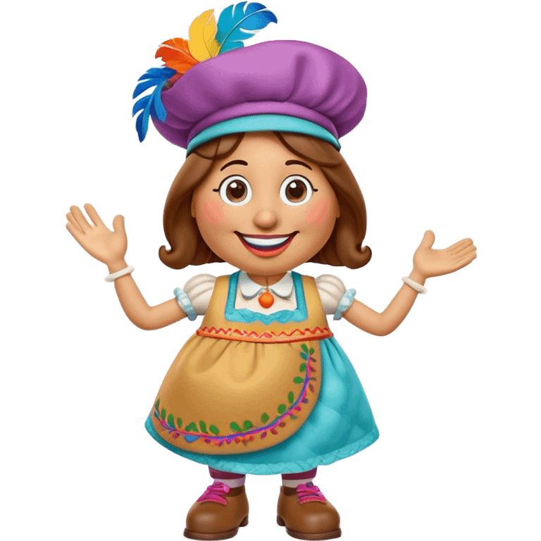 Create a 3D Pixar-style Mrs. Potato Head character with a rounded, slightly uneven shape, expressive eyes, a wide smile, and cartoonish limbs, dressed in a colorful apron with intricate embroidery, a vibrant hat adorned with a feather emoji