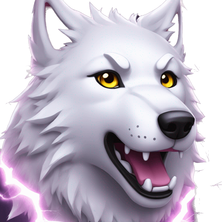 Lightning running sparkling glitter white wolf snarling huge eyes sun halo black white pink red yellow emoji