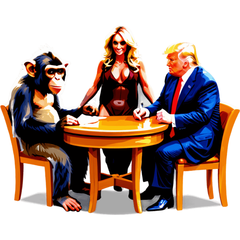 Stormy Daniels, a Monkey, a donkey, and Trump sit around a table emoji