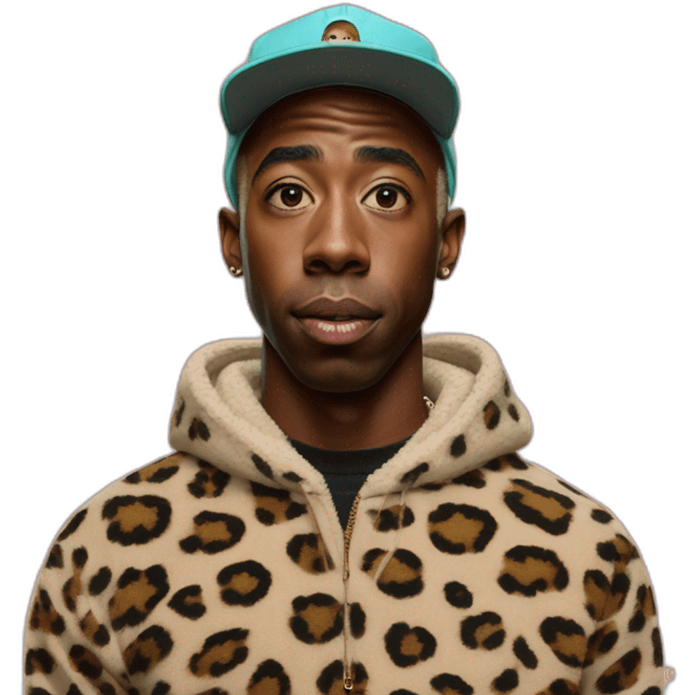 hyper realistic Tyler The Creator with chapka and leopard pullover emoji