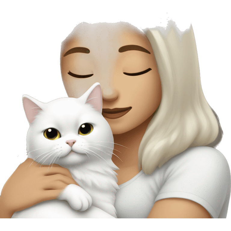 Brunette woman snuggling white Persian cat emoji